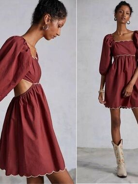 Anthropologie Forever that Girl Scalloped Puff-Sleeve Mini Dress XS
